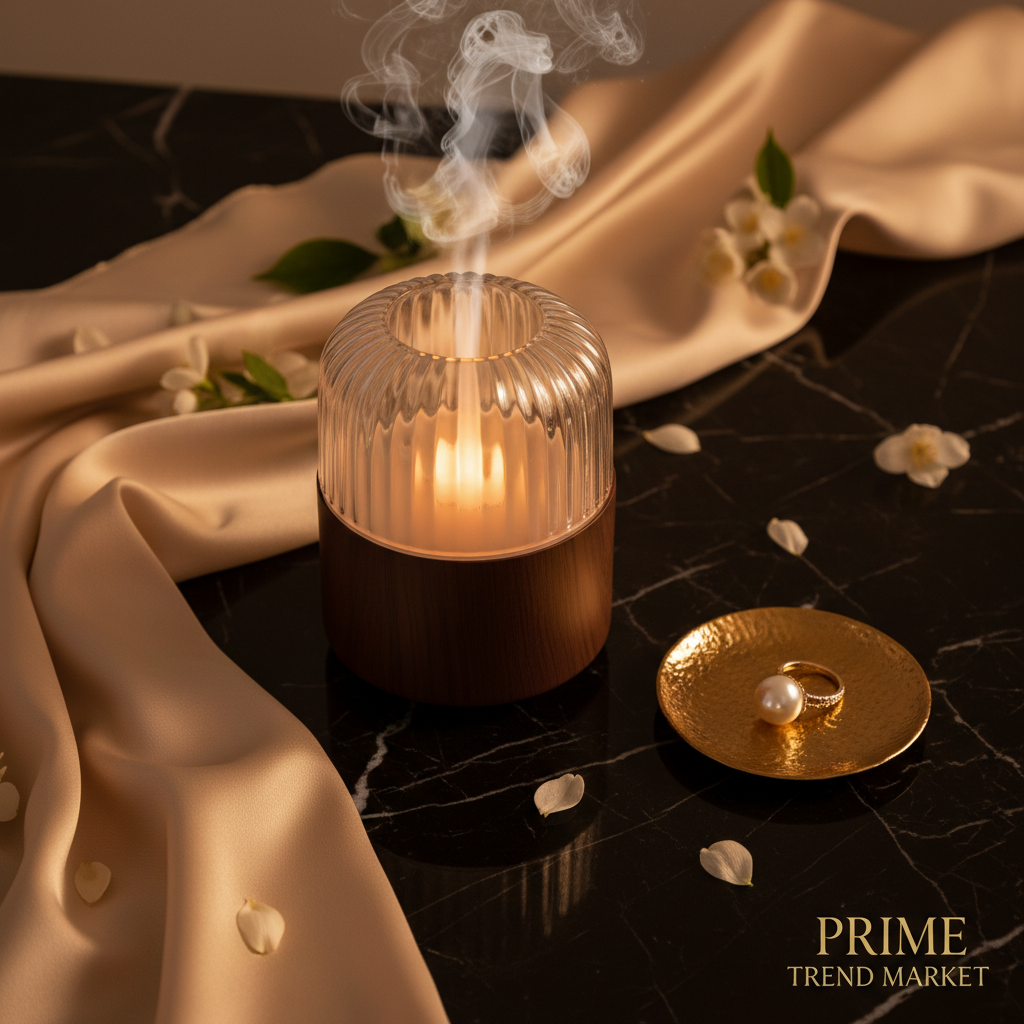 Luxury solid wood glass aroma diffuser flatlay on dark marble with gold dish and cream silk