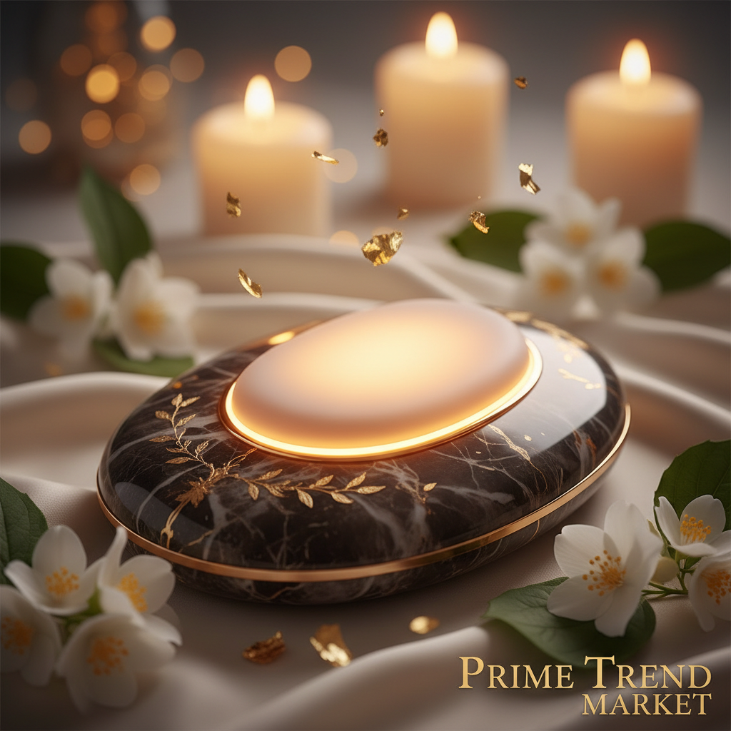 Luxury electric abdominal massager hot compress stone close-up with amber heat glow gold leaf and jasmine on dark marble