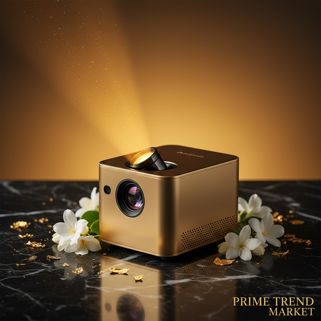 Close-up hero shot of JHT400 mini projector with projection beam on black marble - Prime Trend Market