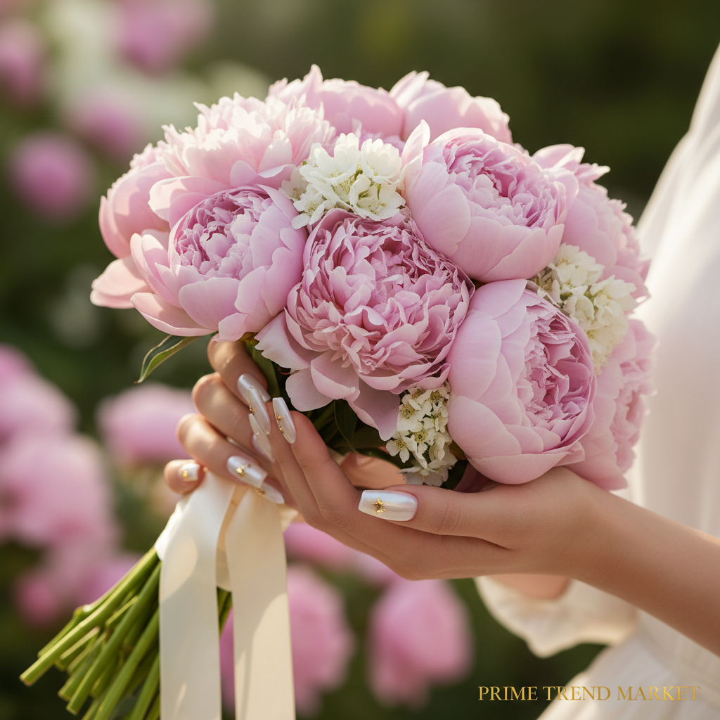 Woman's hands with pearl star press-on nails holding pink peonies