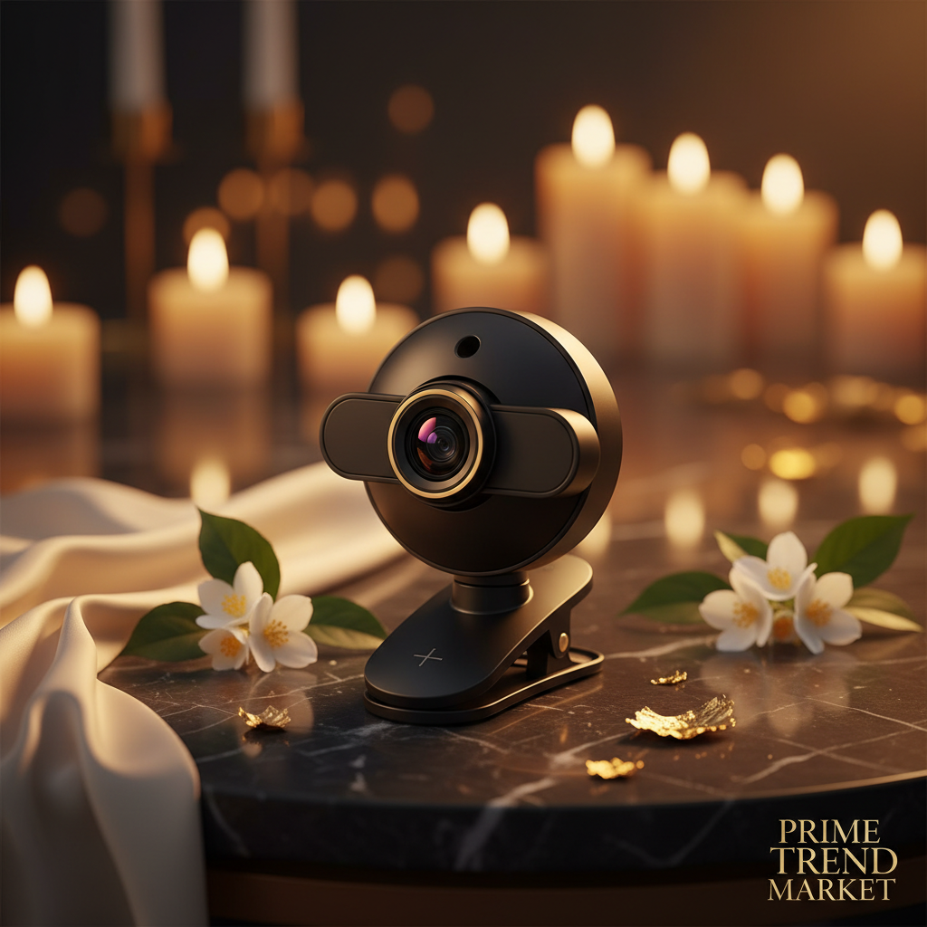 4K Beauty Auto Focus Webcam on black marble with jasmine flowers and gold accents