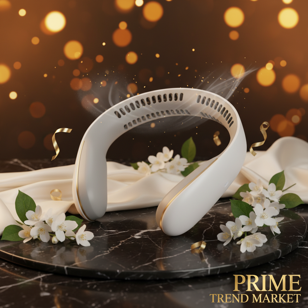ArcBreeze portable bladeless neck fan on dark marble with jasmine flowers