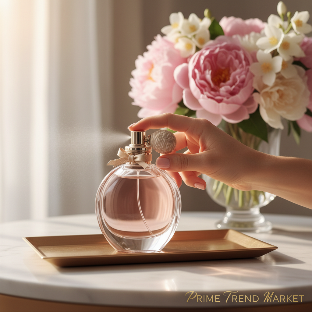 Hand spritzing Foliage Silence perfume on vanity with floral bouquet