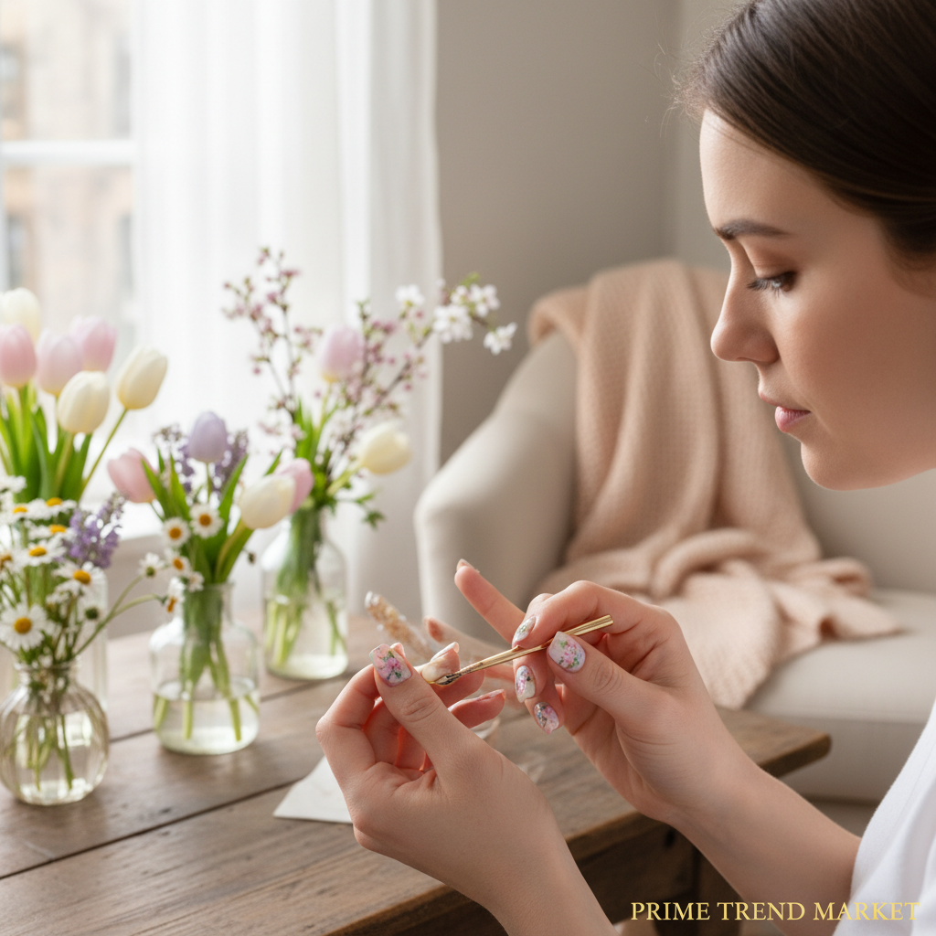 Lifestyle application tutorial flat flower press-on nails spring home setting