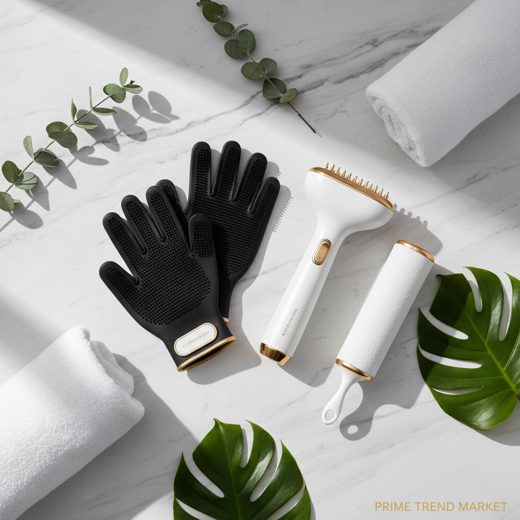 Pet Grooming Essentials Kit flat lay on marble — Gloves, Steam Brush & Hair Roller