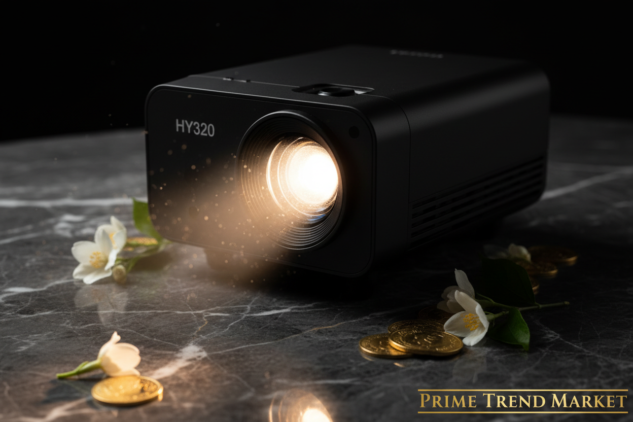 HY320 Mini Projector close-up lens detail with light beam on dark marble — Prime Trend Market