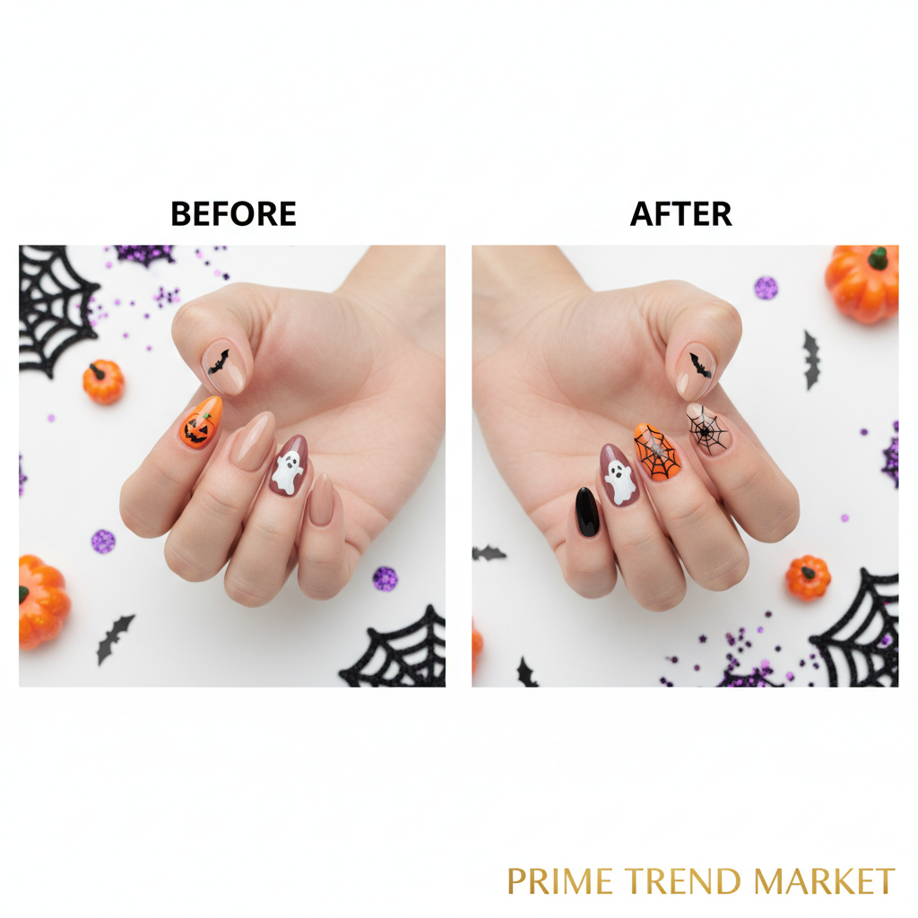 Halloween press-on nails studio shot with Halloween props