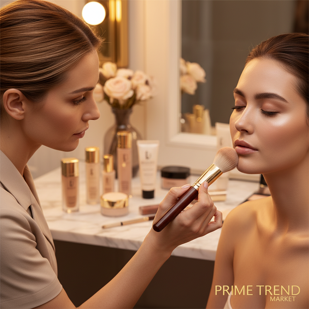 Professional makeup artist applying foundation with wooden handle brush