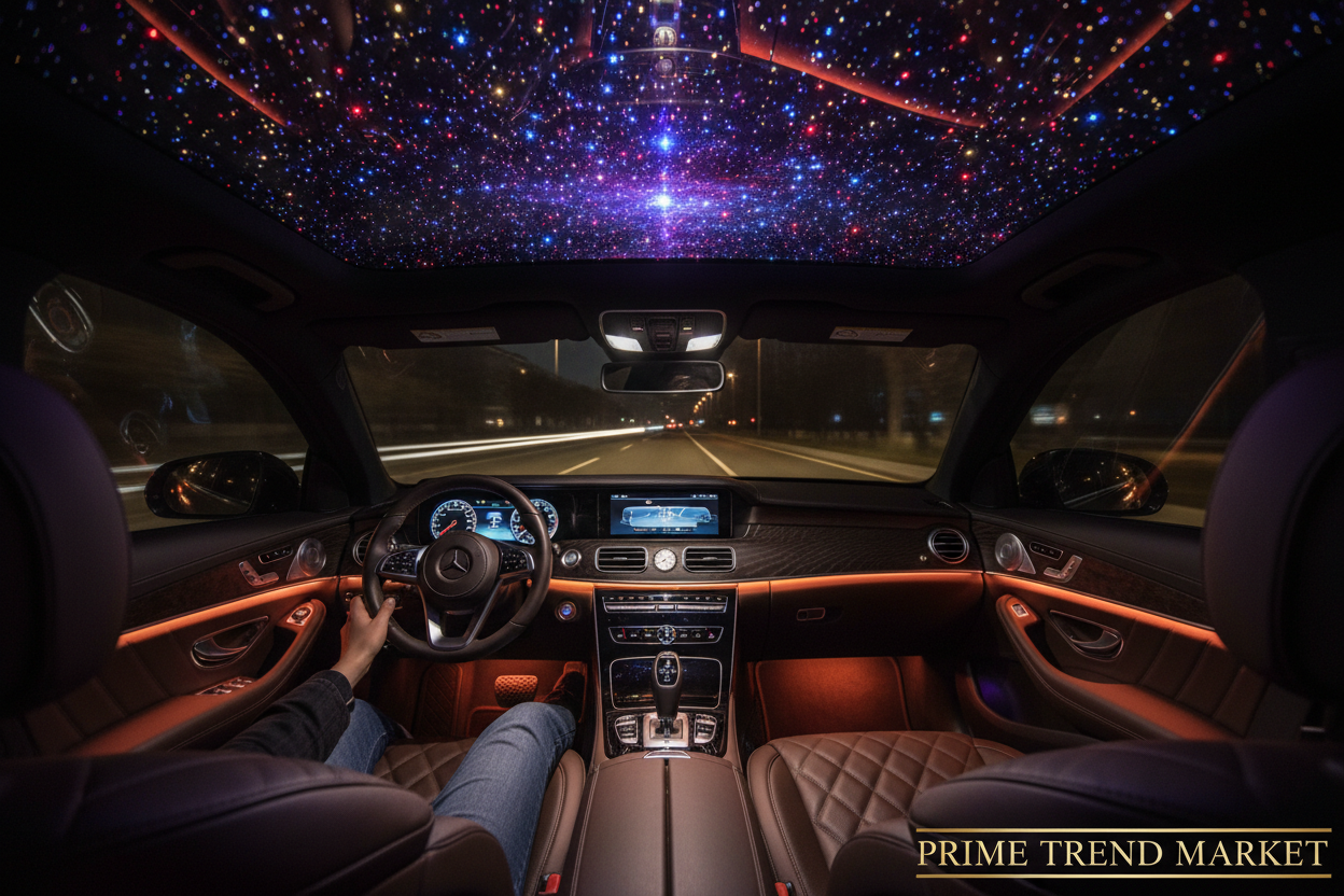 USB Car Star Light projecting purple starry sky inside luxury car interior at night — Prime Trend Market