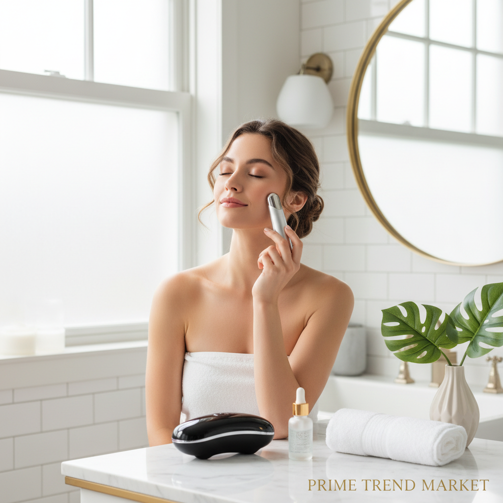 Woman using EMS microcurrent wand with eye massager and serum on vanity
