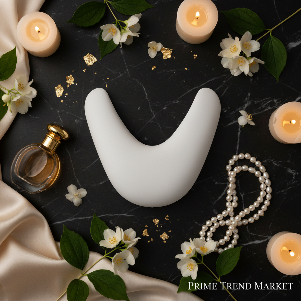 Luxury flat lay of V-shape chin lifting device with pearl necklace amber perfume and jasmine flowers