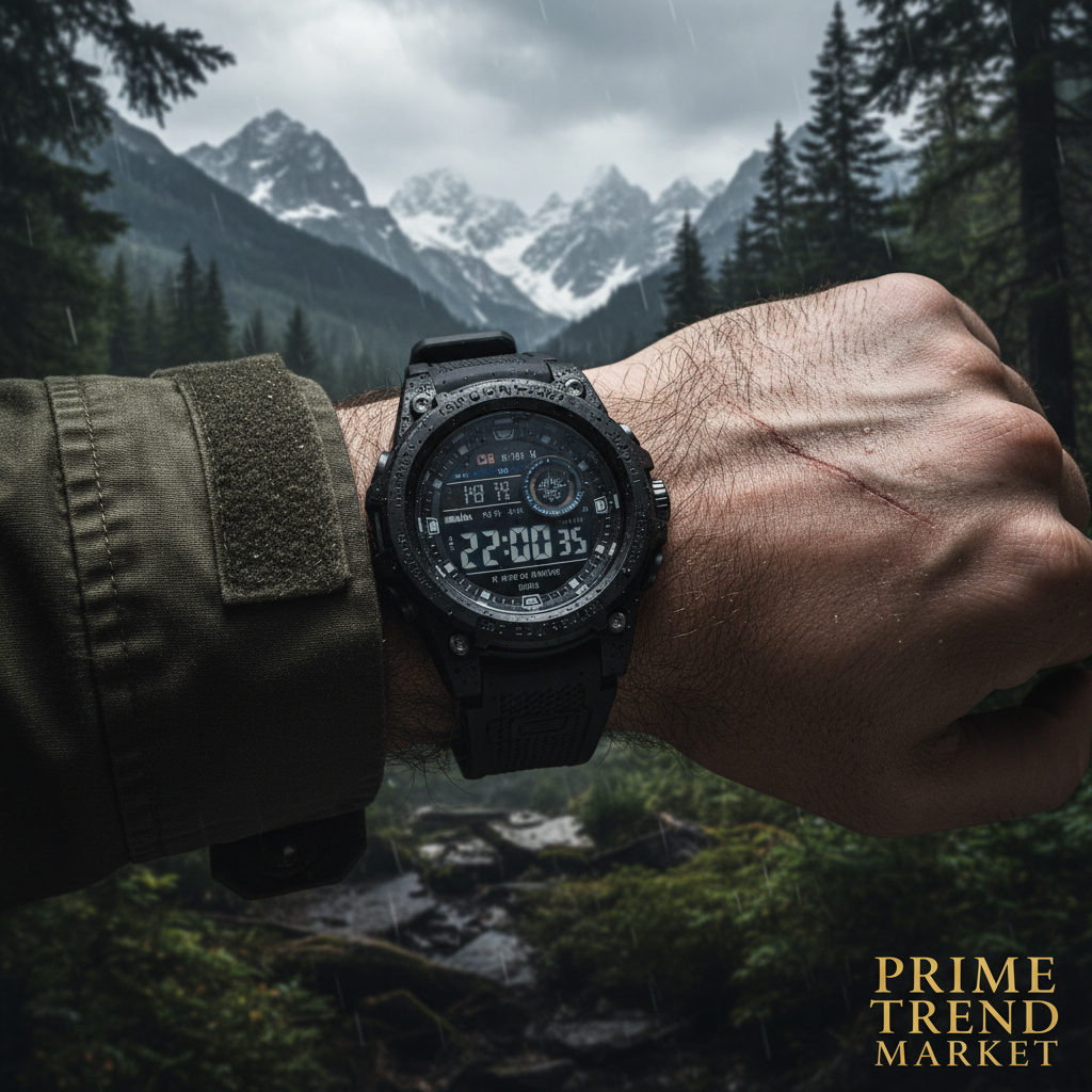 Military tactical sports watch on man's wrist in forest outdoor setting