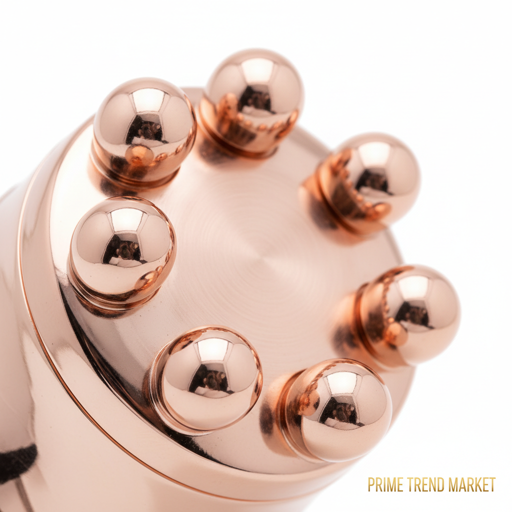 Close-up of facial massager head showing smooth rounded nodes and rose gold premium finish