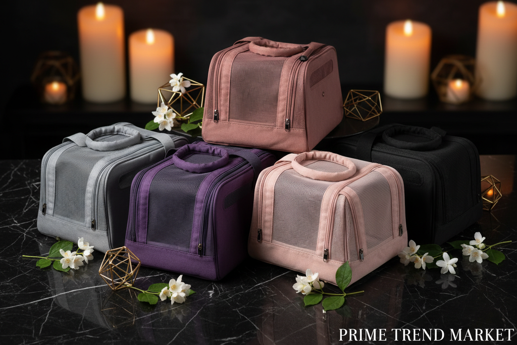 All 5 colors breathable pet carrier bag flat lay
