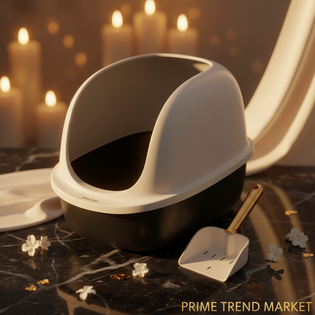 Premium black and white cat litter box with matching shovel on dark marble with gold accents