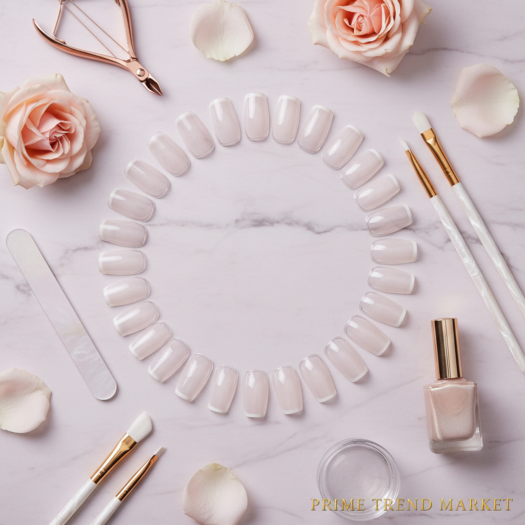 500Pcs C Curve French Nail Tips luxury flatlay on pink marble