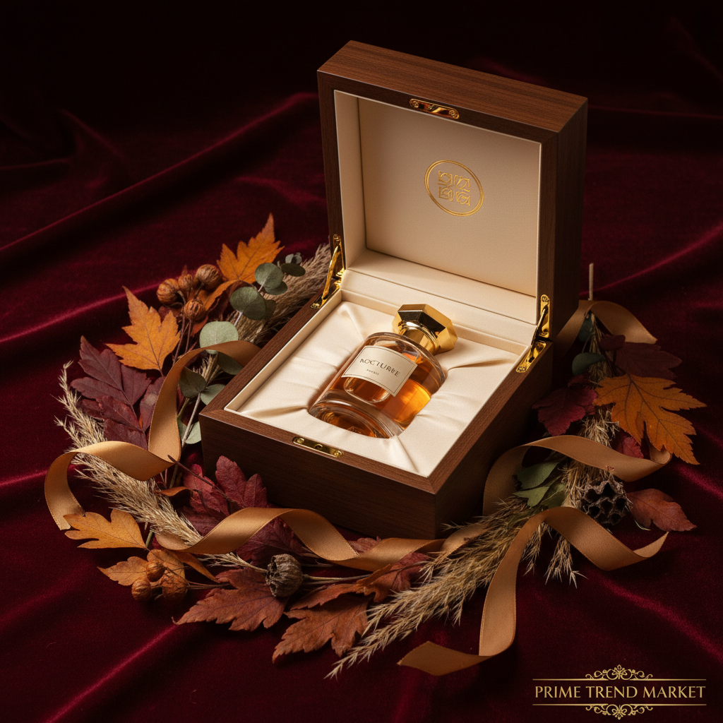 Open luxury cologne gift box on velvet with autumn botanicals and gold ribbon