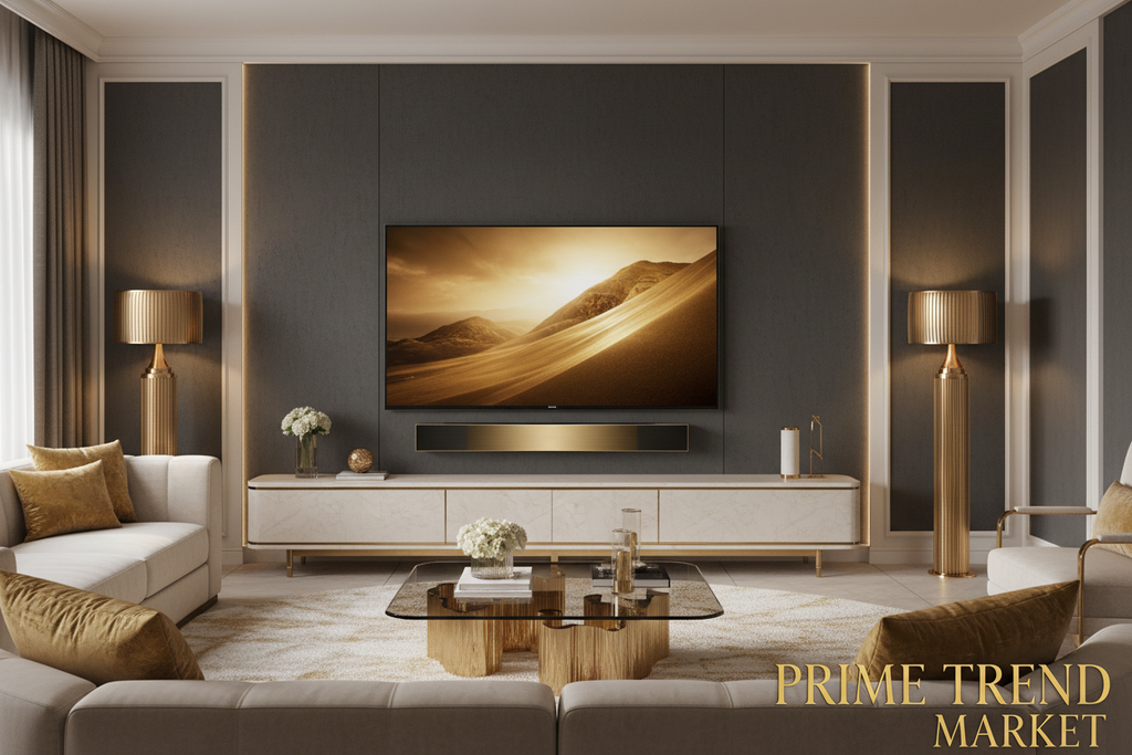 Premium soundbar in luxury living room with large TV and ambient golden lighting