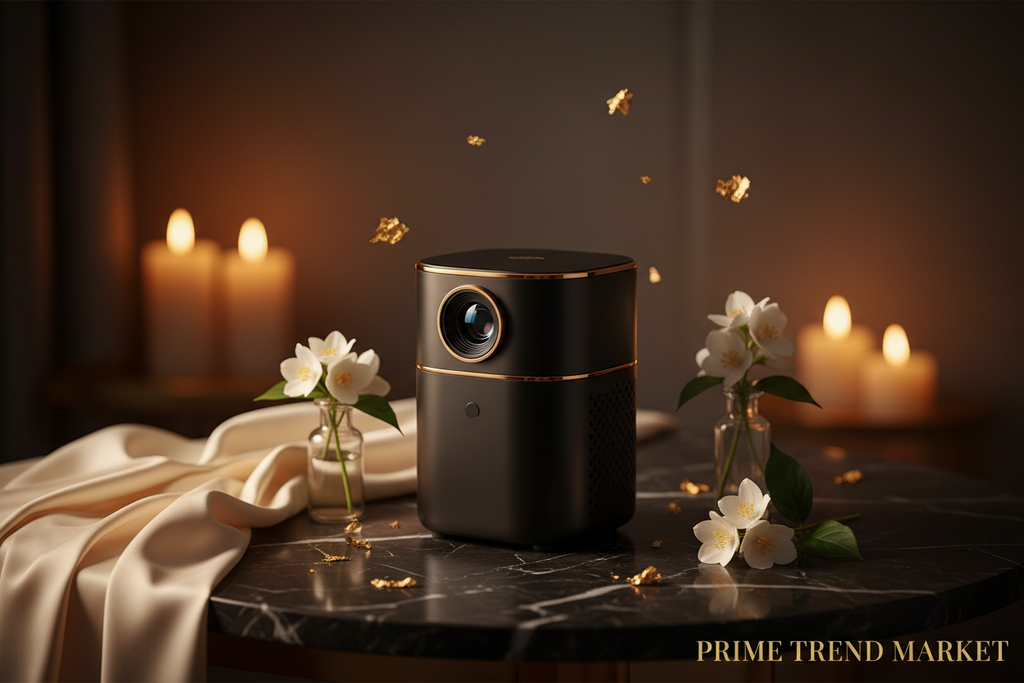Portable WiFi Mini Projector on black marble with gold accents and jasmine flowers — Prime Trend Market