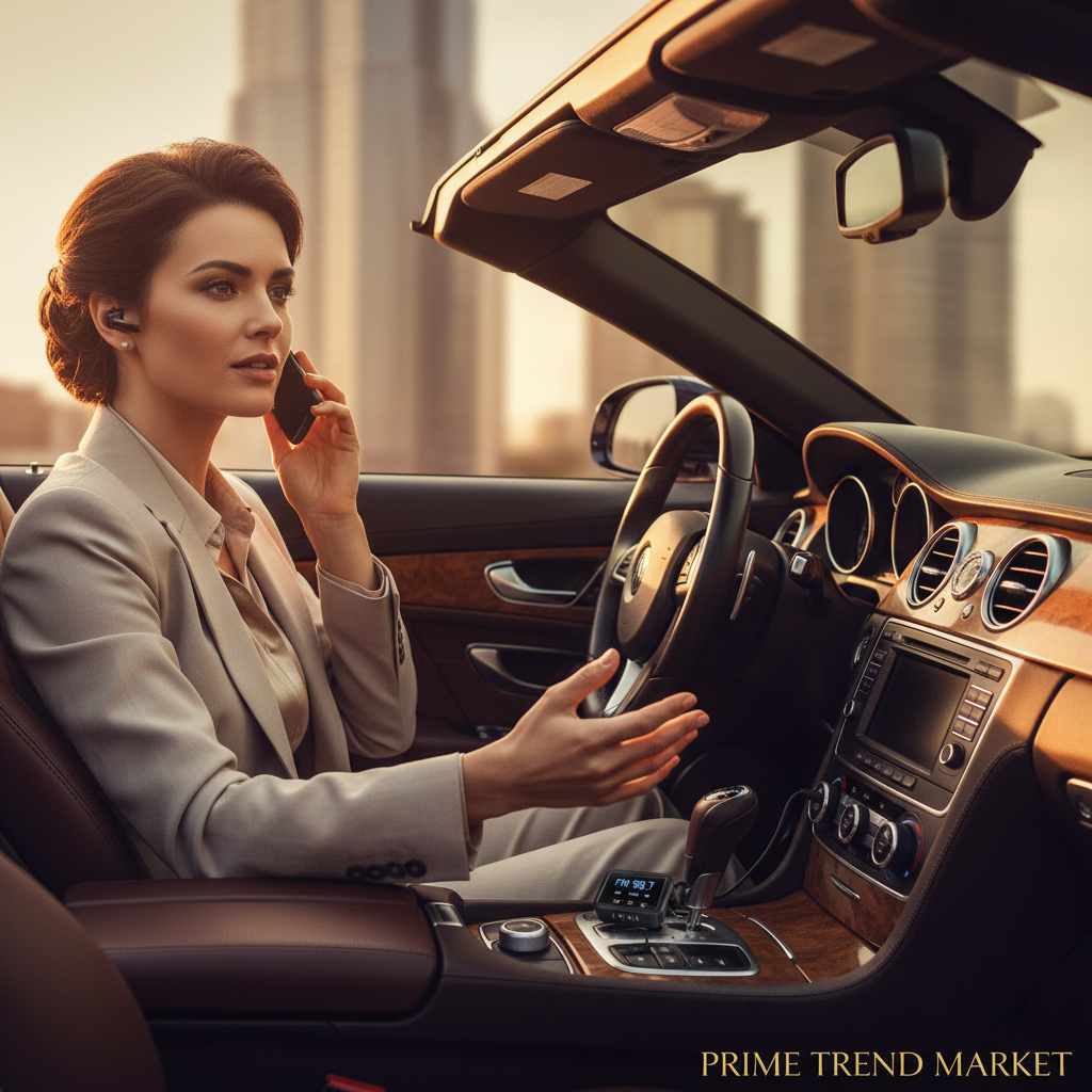 Woman driving hands-free with Bluetooth FM transmitter — Prime Trend Market