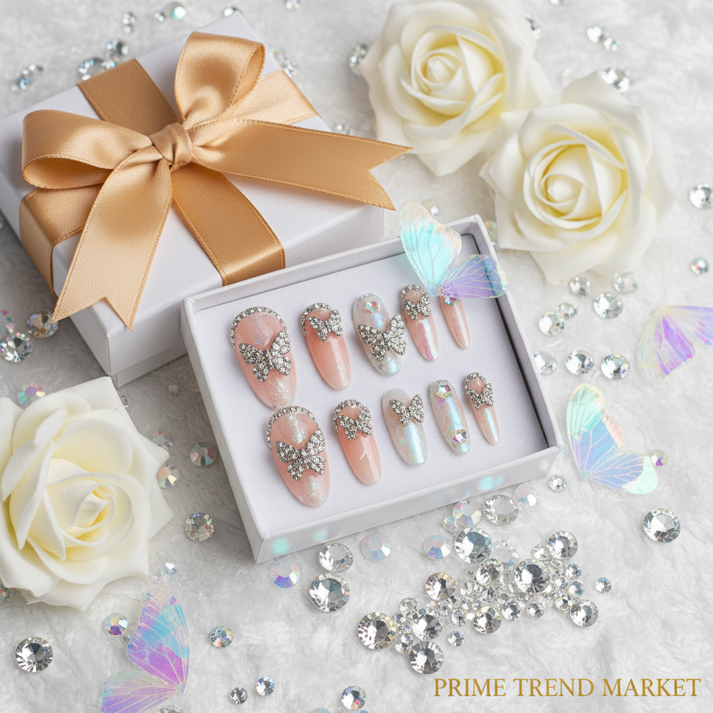 Diamond butterfly press-on nails in white luxury gift box with gold satin ribbon and rhinestone crystals