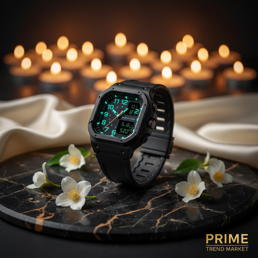 Black square dual display sports watch on dark marble with jasmine flowers and gold leaf luxury editorial