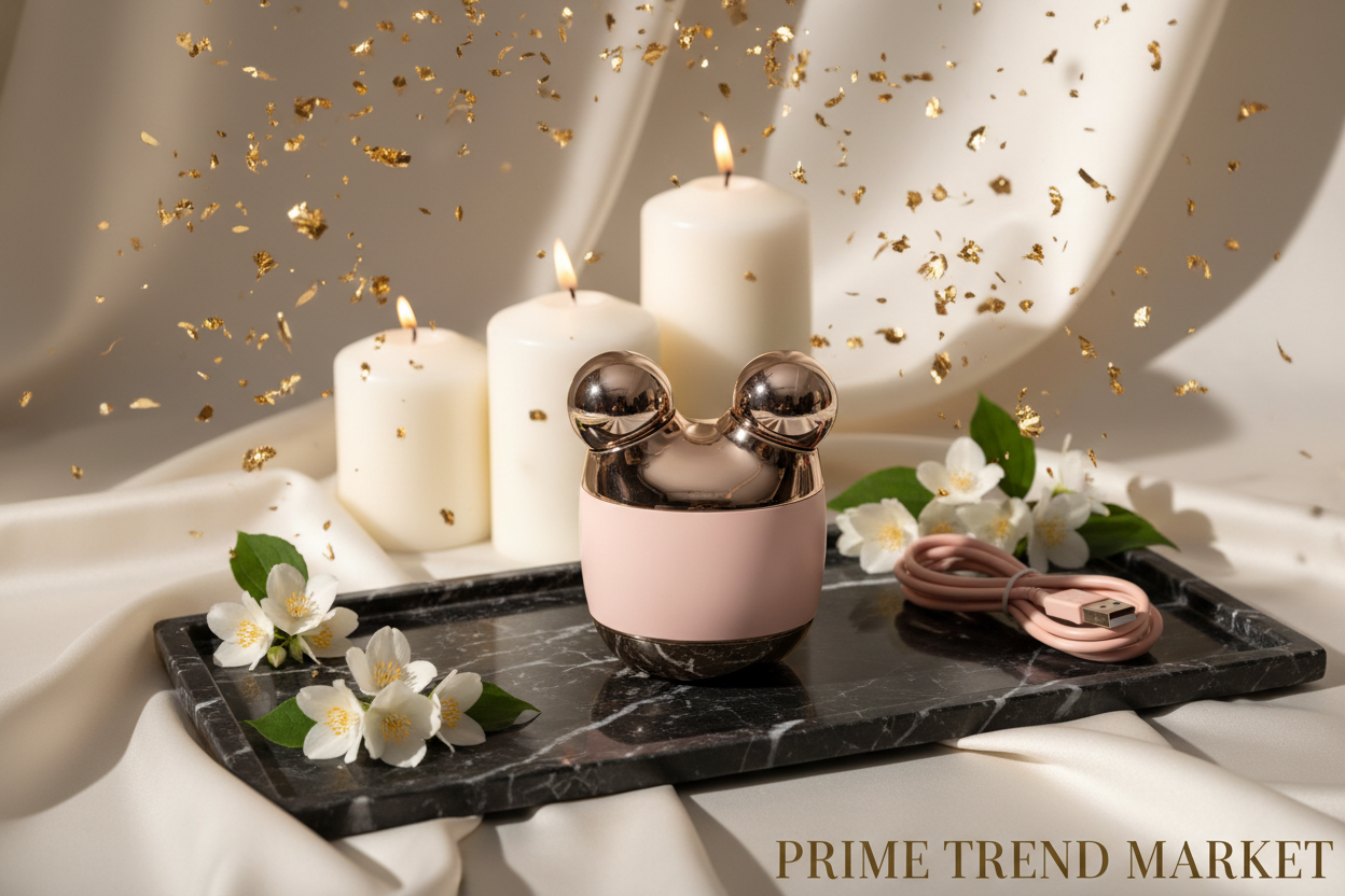 Luxury EMS Micro-Current Face Massager Pink Gold Confetti Cinematic Hero Shot