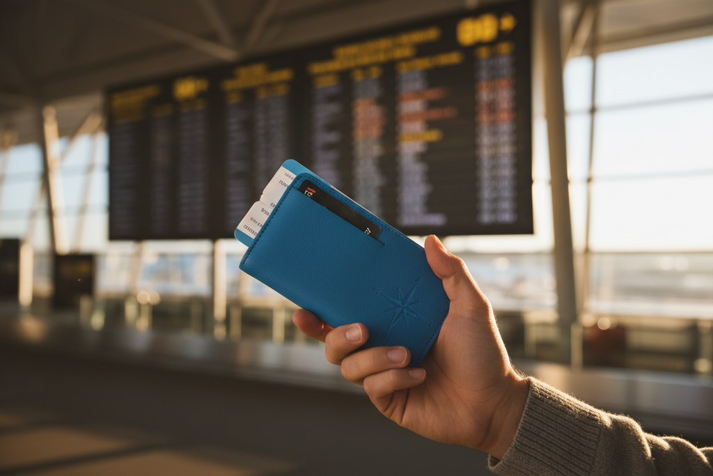 Traveler holding passport wallet at airport terminal