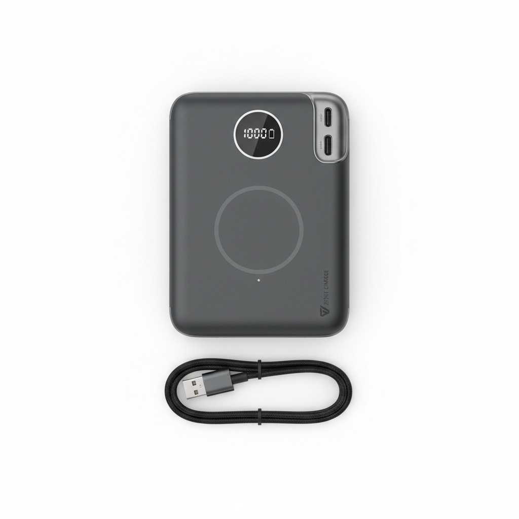 10000mAh magnetic power bank flatlay showing LED display and USB ports