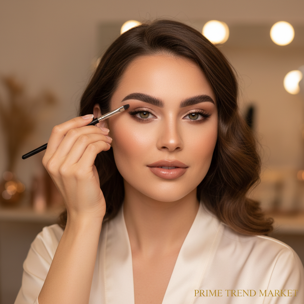 Woman applying eyebrow powder with angled brush perfect shaped brows beauty lifestyle