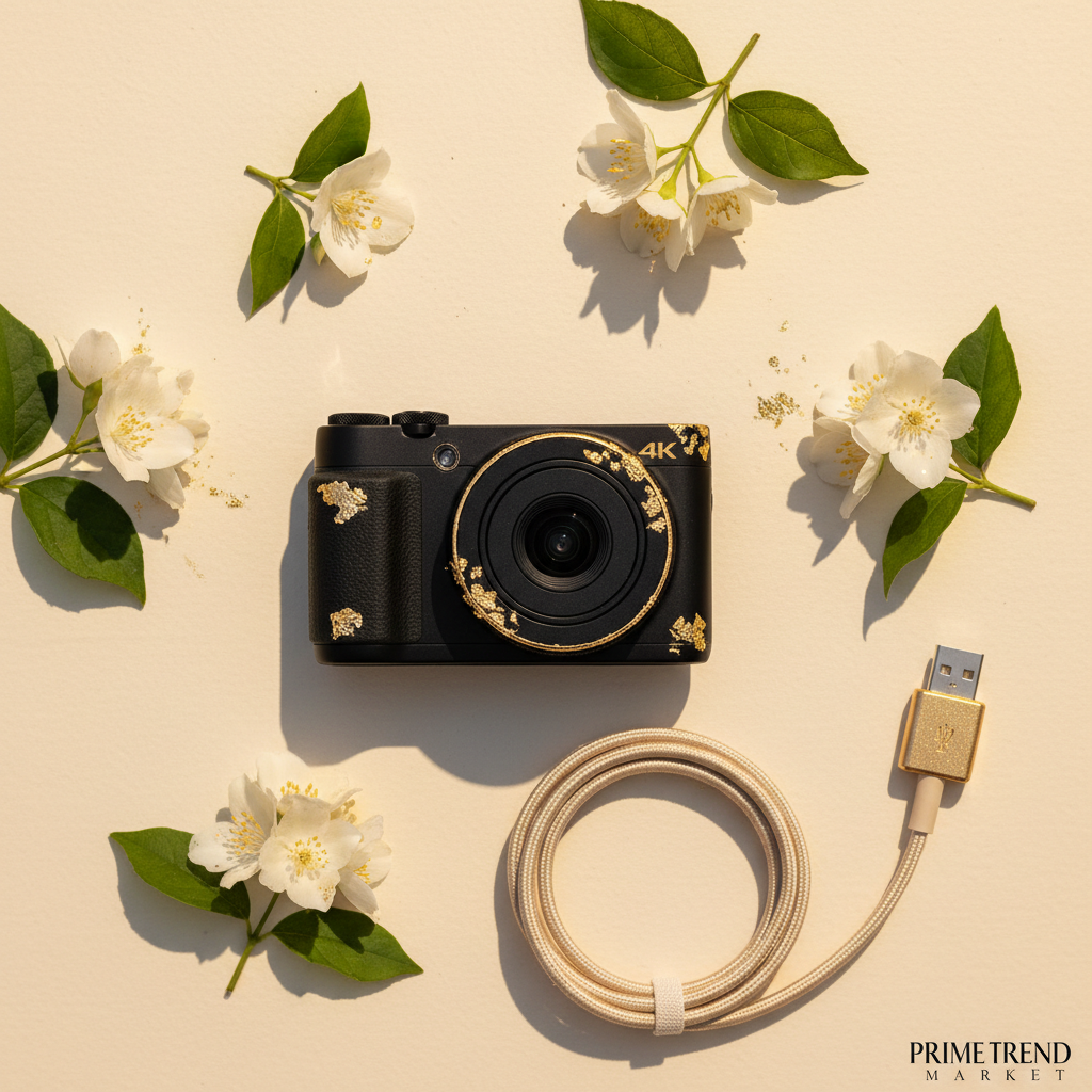 270° rotating 4K pocket camera flat lay with USB cable on cream ivory surface