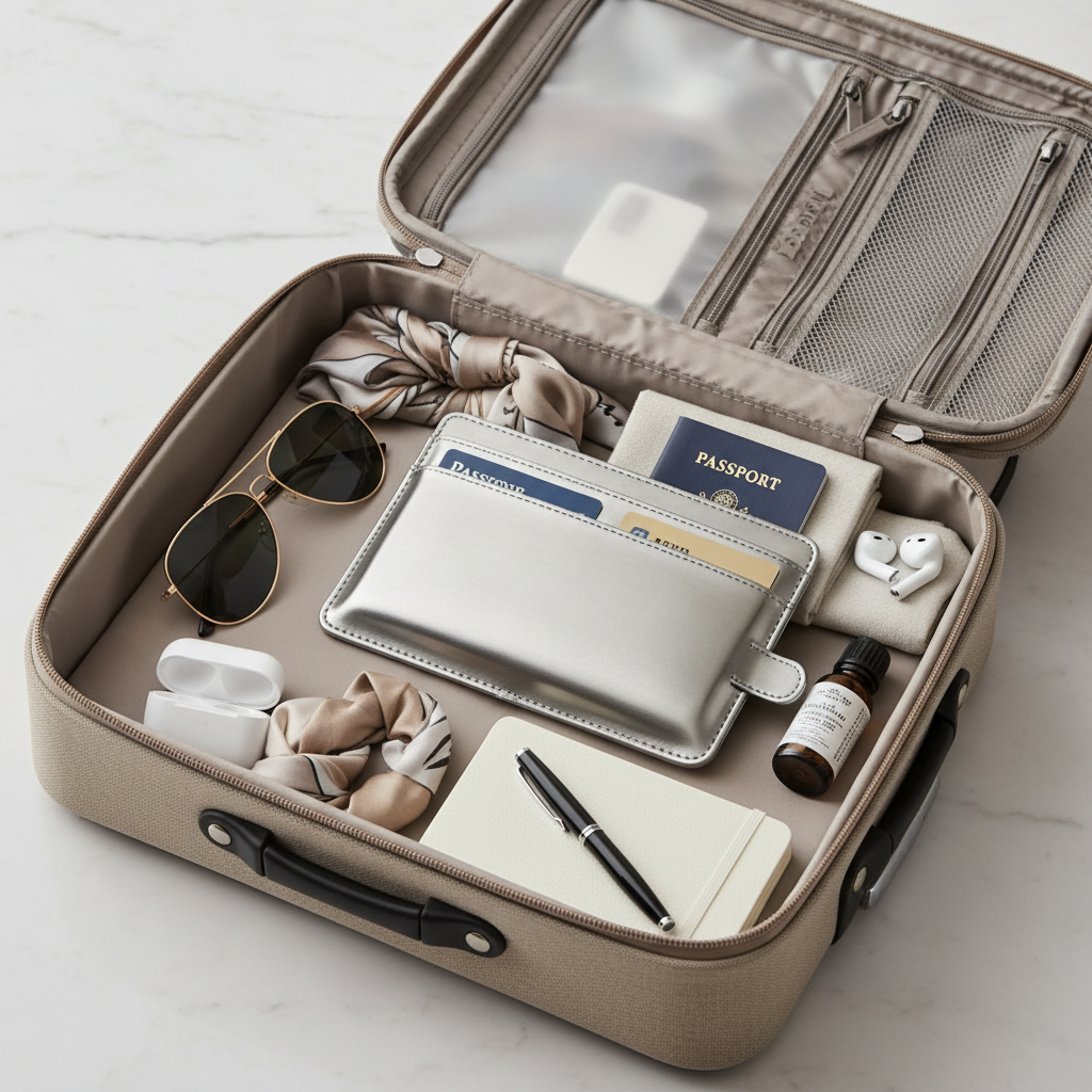 Silver passport wallet in carry-on bag with travel essentials