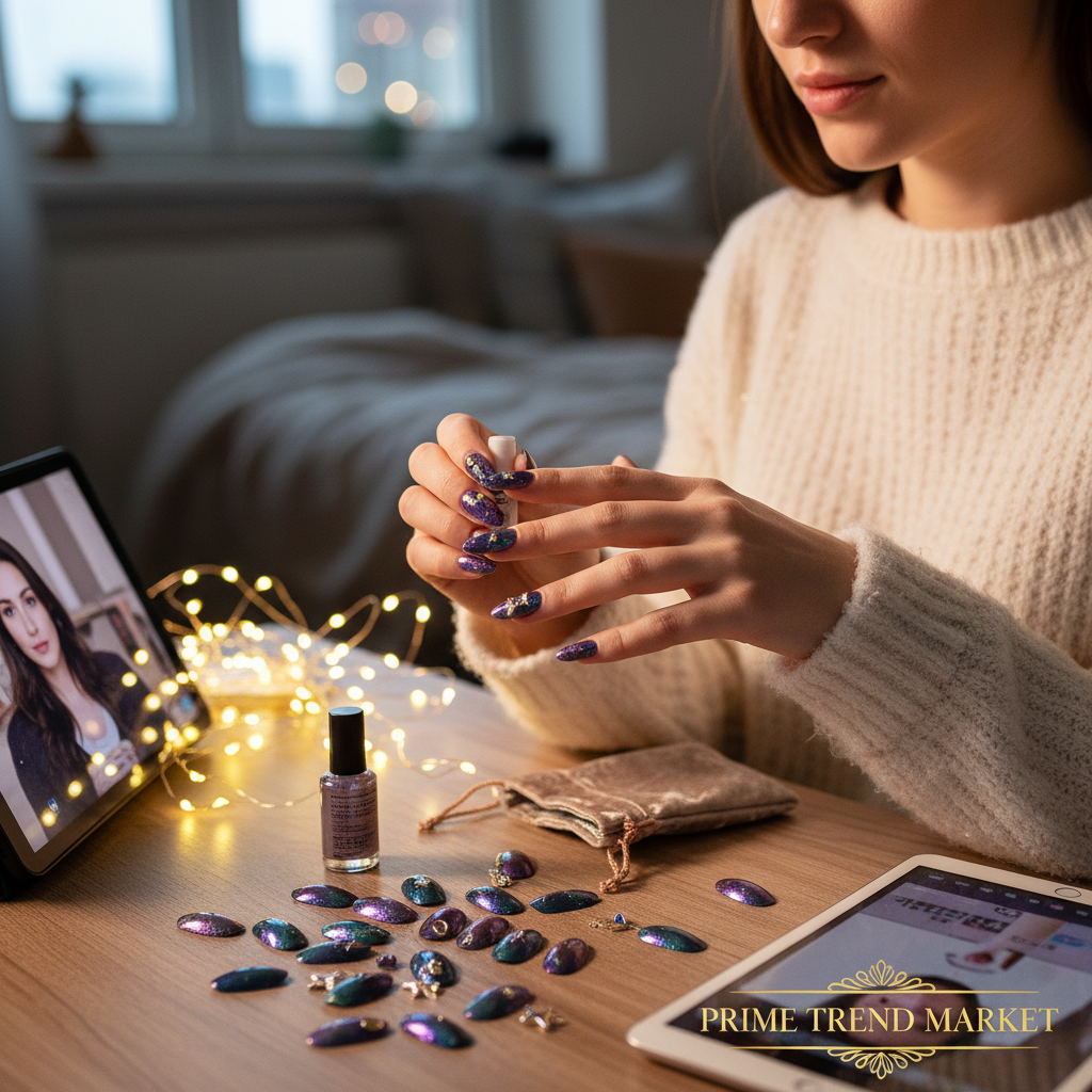 Lifestyle application tutorial ombre galaxy press-on nails star planet charms night setting