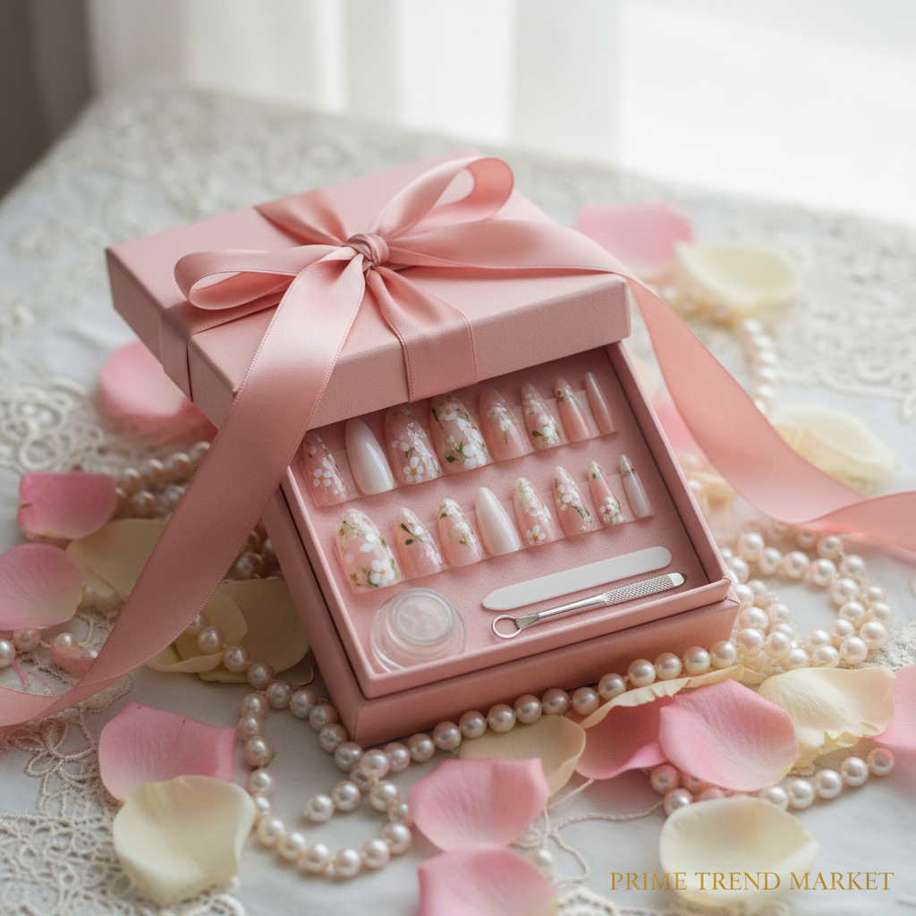 Gift box presentation flat flower press-on nail set spring bridal aesthetic