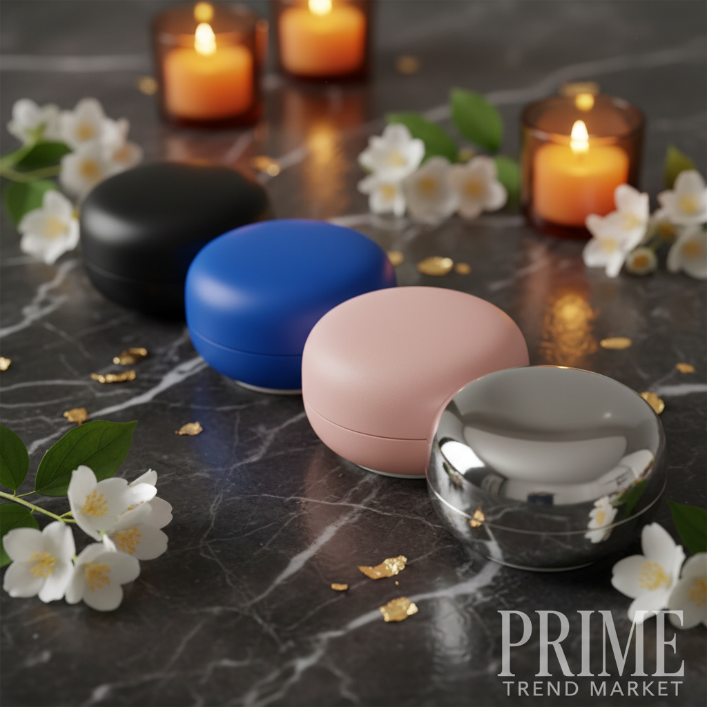 Mini Bluetooth speakers in black blue pink and silver on dark marble luxury display — Prime Trend Market