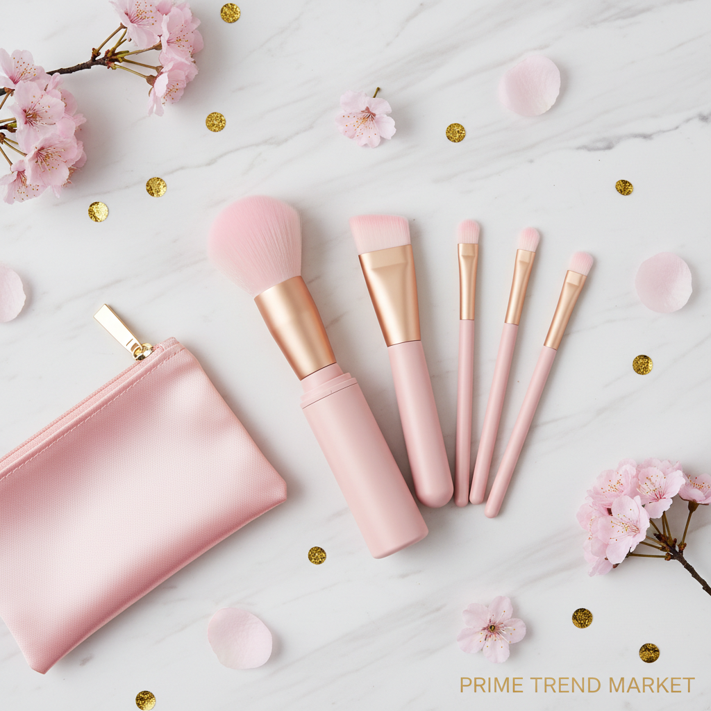 4-in-1 portable pink makeup brush set on marble with pink flowers and gold confetti