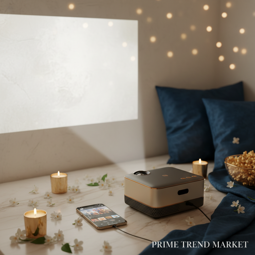 Mini projector wirelessly connected to smartphone for movie night on cream marble - Prime Trend Market