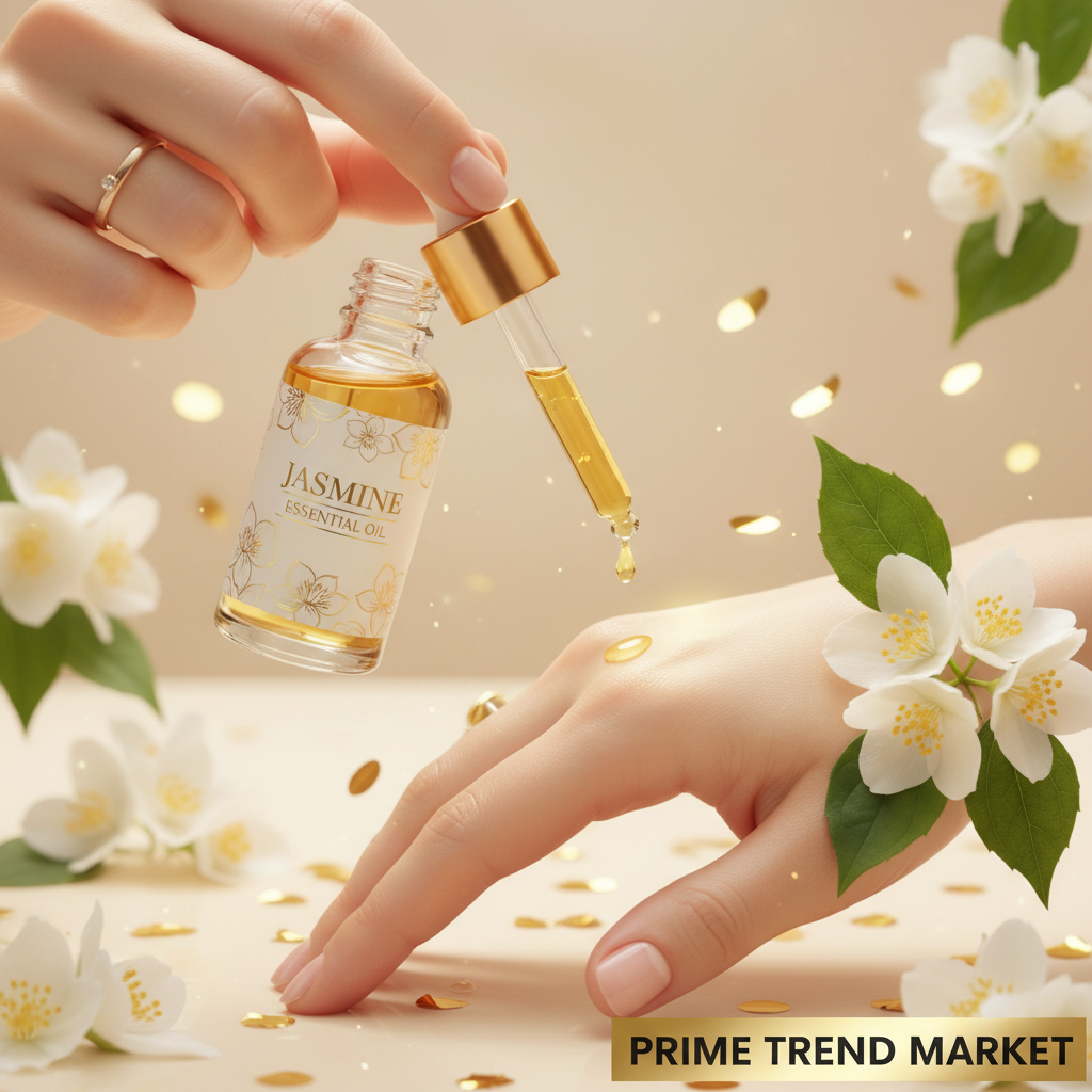 Luxury Jasmine Essential Oil lifestyle drop application on glowing skin