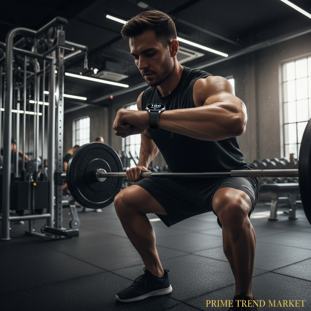 Athletic man in gym checking heart rate on SENBONO V19 smartwatch