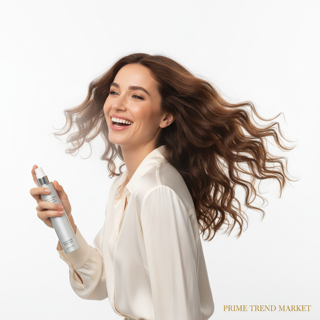 Woman with voluminous bouncy hair holding Niacinamide Hair Setting Spray - Prime Trend Market