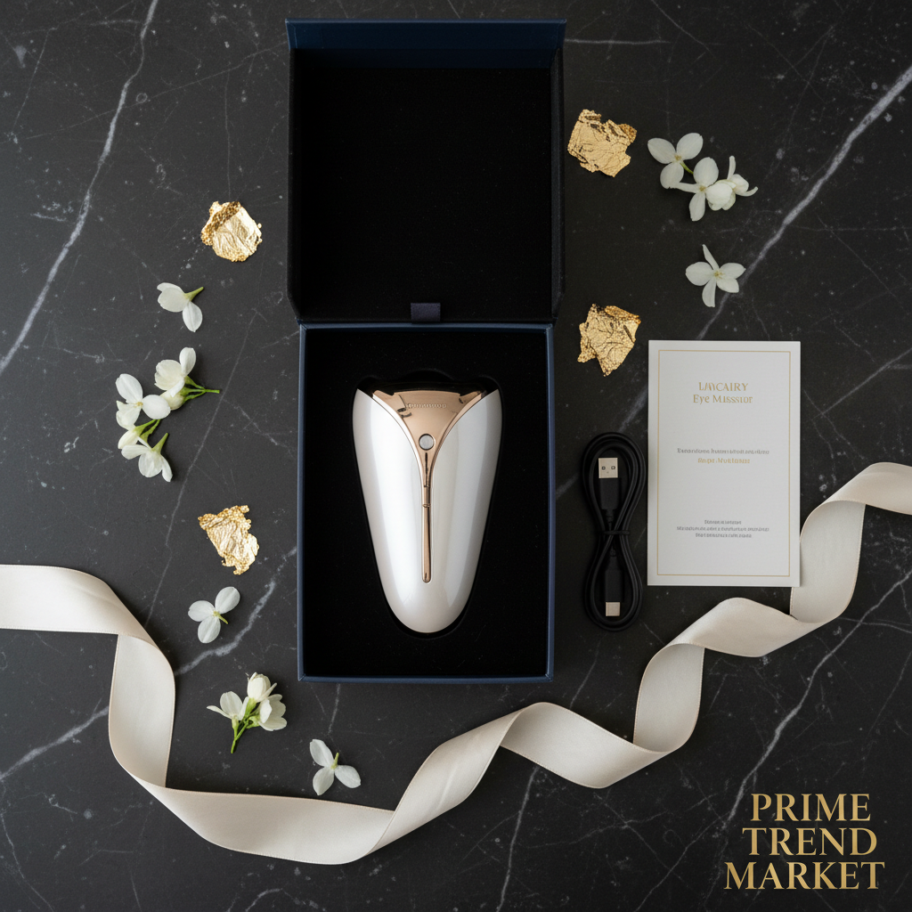 Luxury eye massager unboxing flat lay with TYPE-C cable and jasmine petals on marble