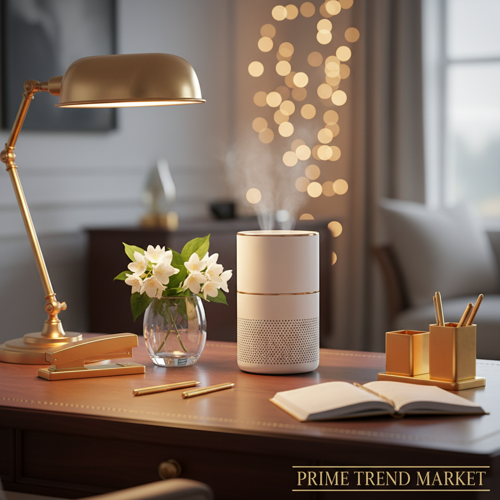 Mini air purifier on luxury home office desk with jasmine flowers and amber lighting - Prime Trend Market