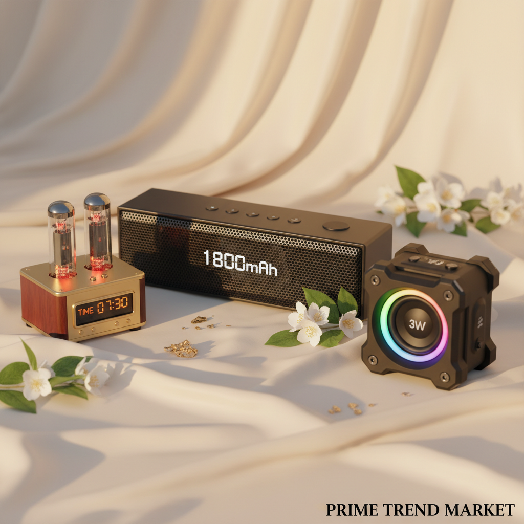 Three premium bluetooth speakers on cream silk with jasmine flowers and gold leaf