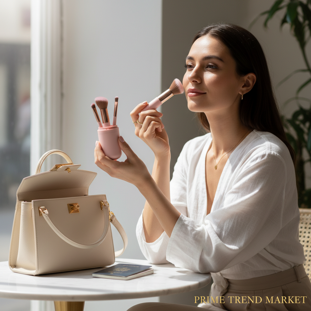 Woman touching up makeup on the go with compact pink 4-in-1 portable makeup brush set
