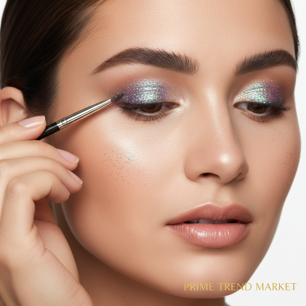 Woman applying glitter eyeliner with fine brush