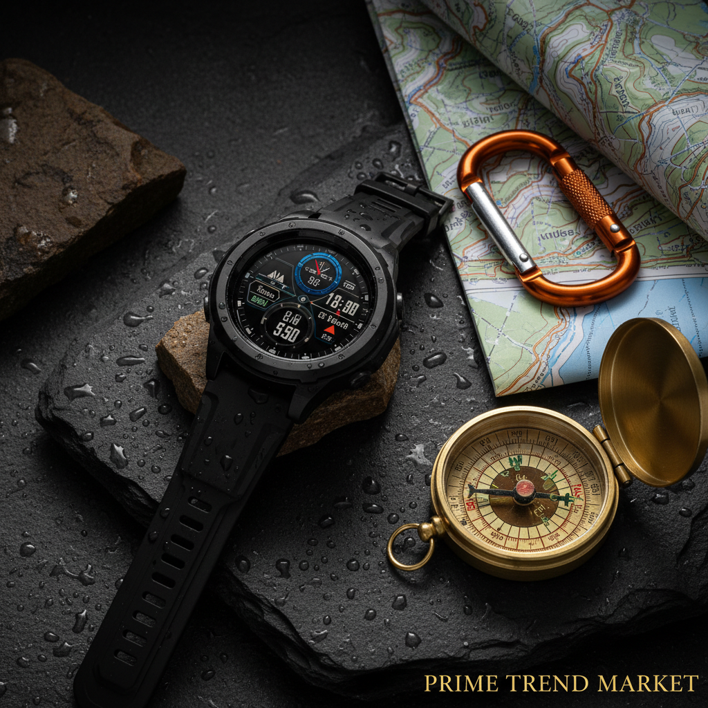 SENBONO GPS smartwatch flatlay on slate rock with hiking compass and topographic map