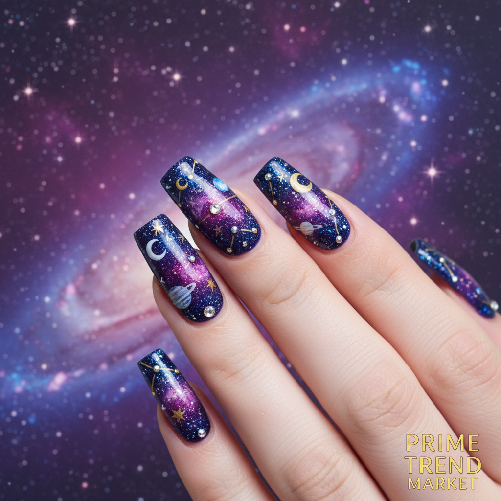 Woman wearing planet star long square press-on nails galaxy manicure