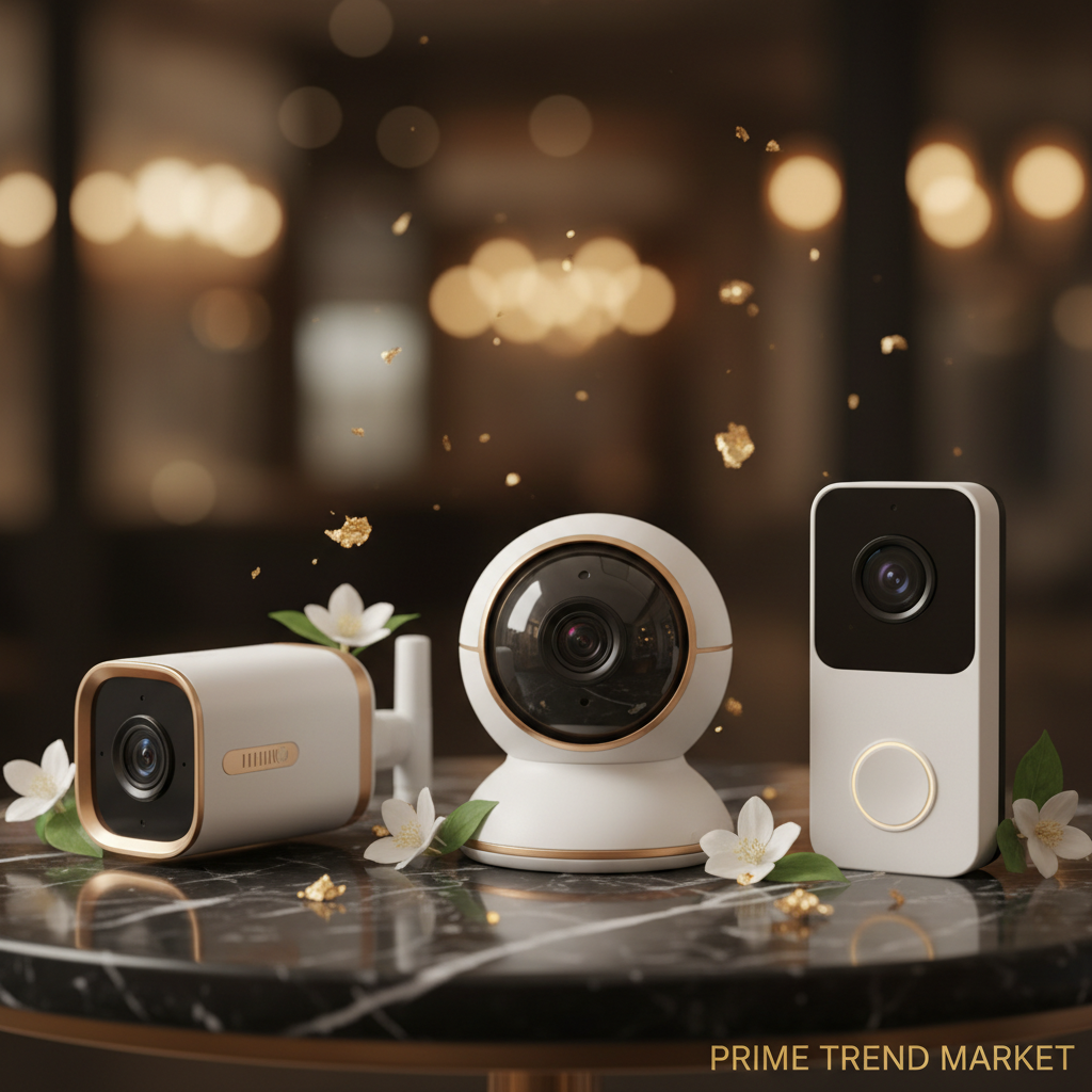 Three smart home security cameras on dark marble with jasmine and gold leaf