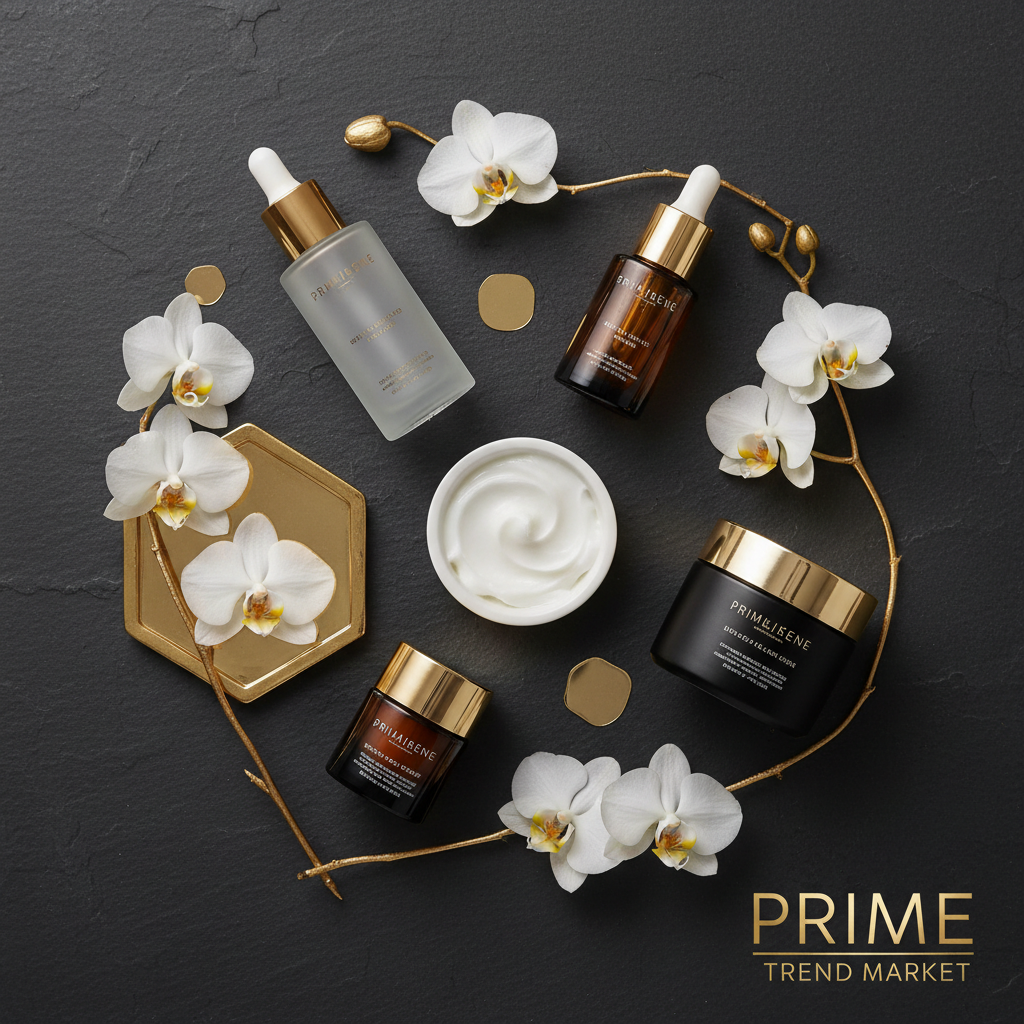 Dark luxury flatlay of skincare set with orchids and gold accents