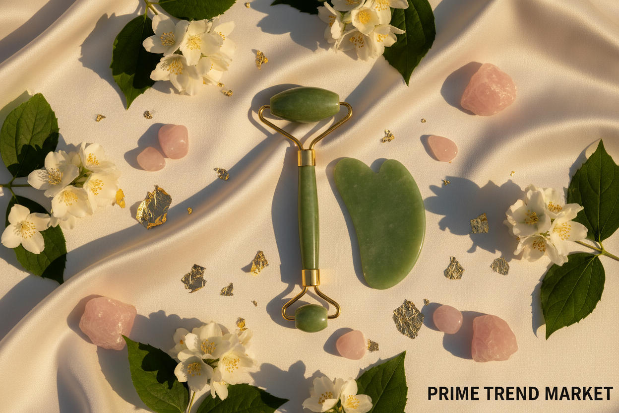 Crystal Jade Roller and Gua Sha flatlay on cream silk fabric